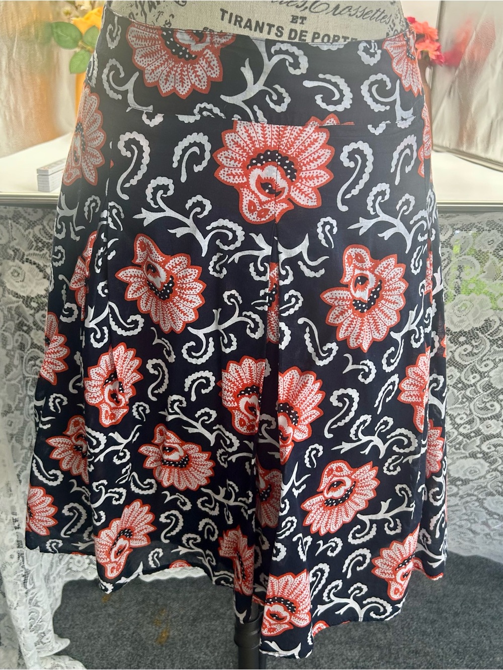Talbots Black A-Line Skirt with Red and White Floral Print